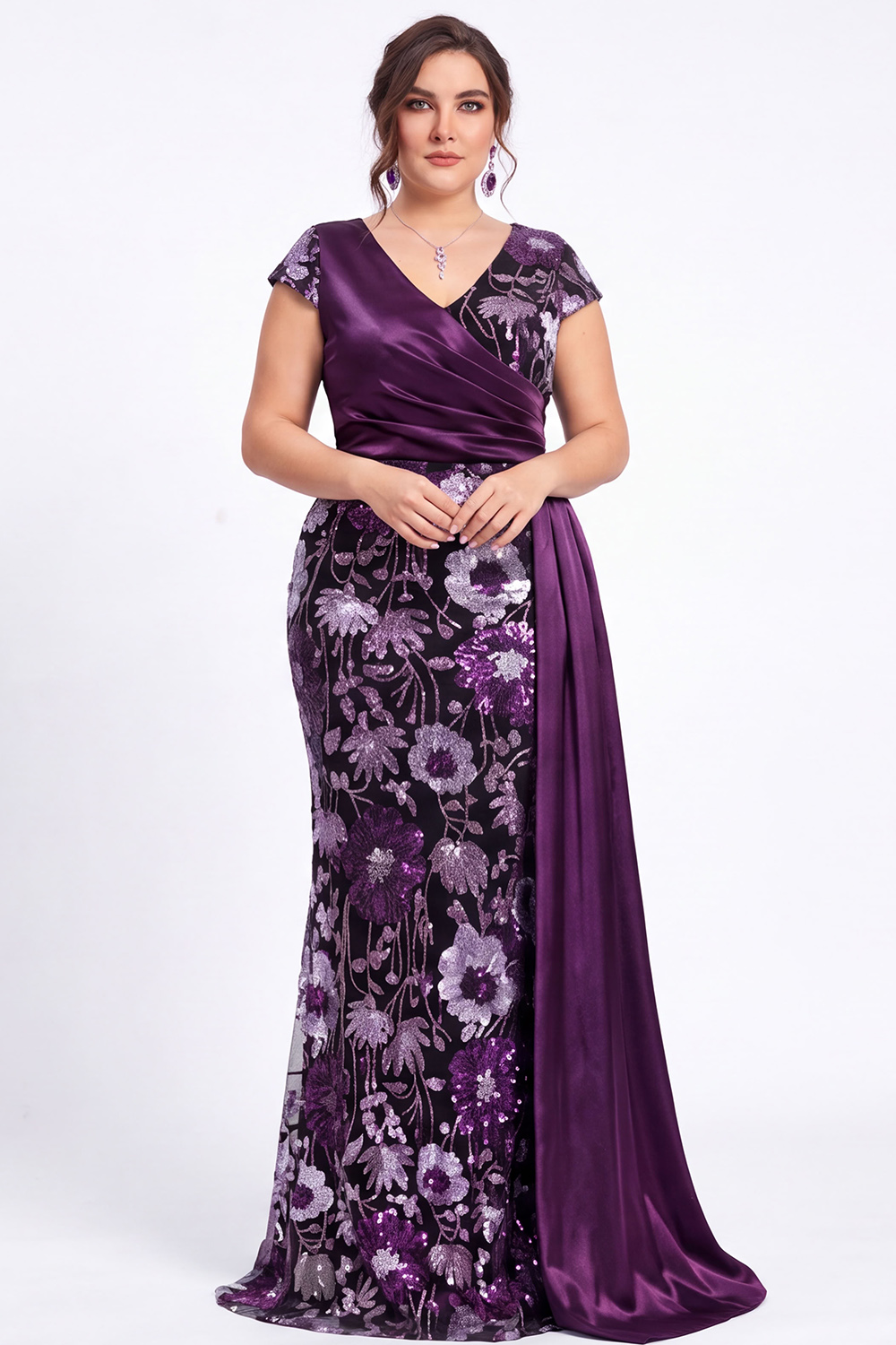 Dark Purple Sequin Floral Mermaid Plus Size Prom Dress