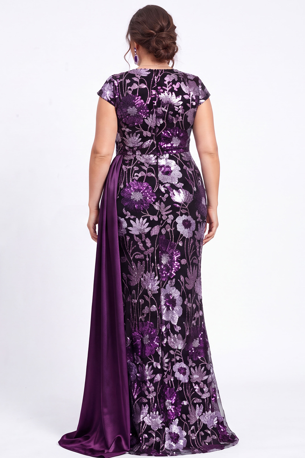Dark Purple Sequin Floral Mermaid Plus Size Prom Dress