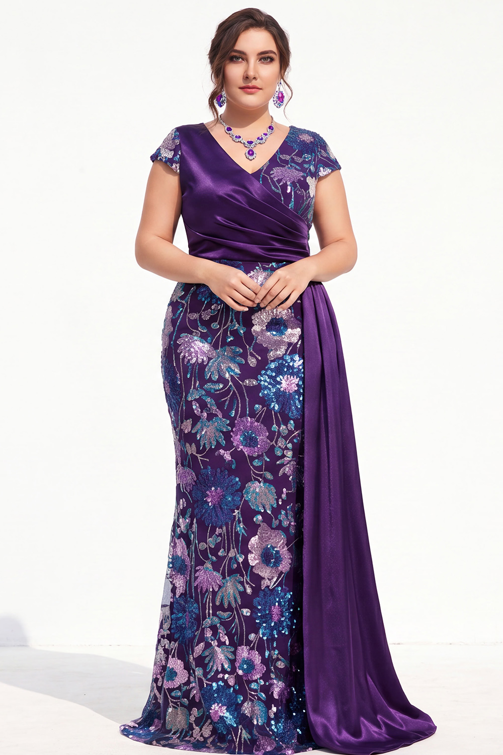 Dark Purple Sequin Floral Mermaid Plus Size Prom Dress