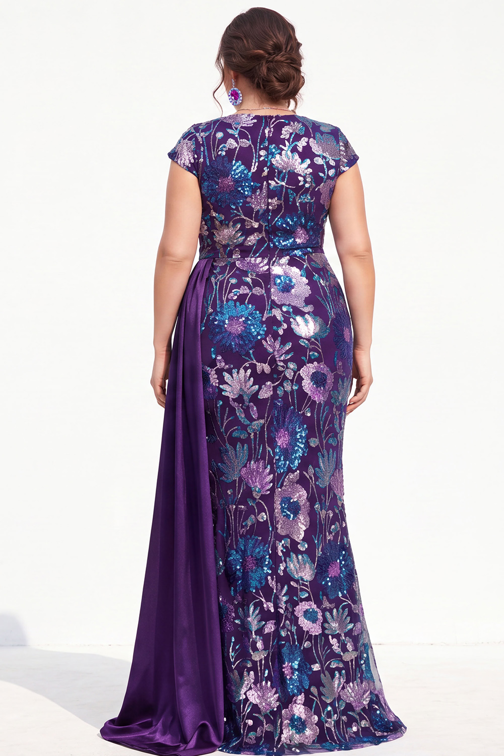 Dark Purple Sequin Floral Mermaid Plus Size Prom Dress