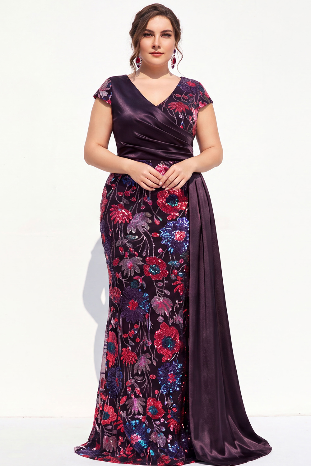 Dark Purple Sequin Floral Mermaid Plus Size Prom Dress