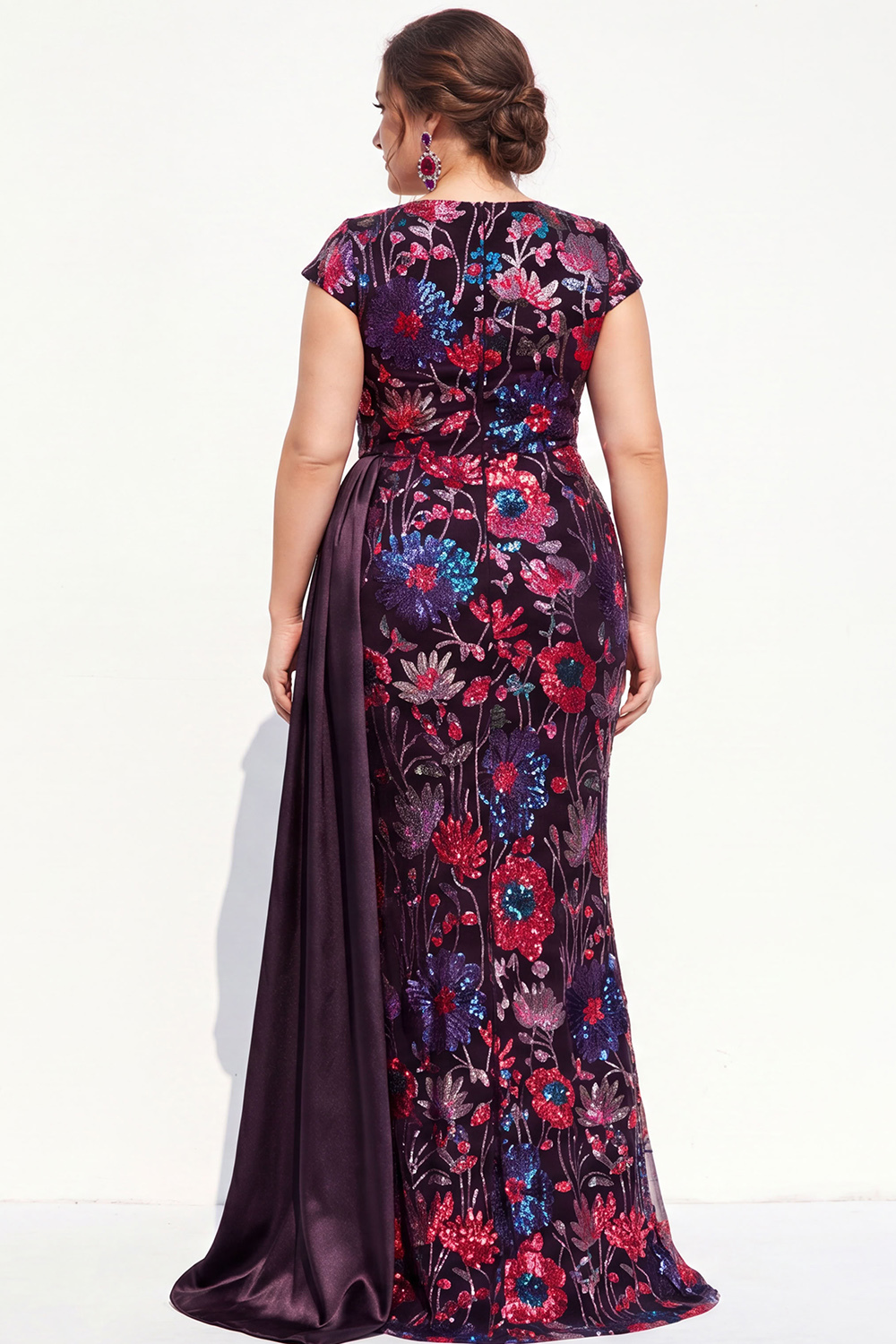 Dark Purple Sequin Floral Mermaid Plus Size Prom Dress