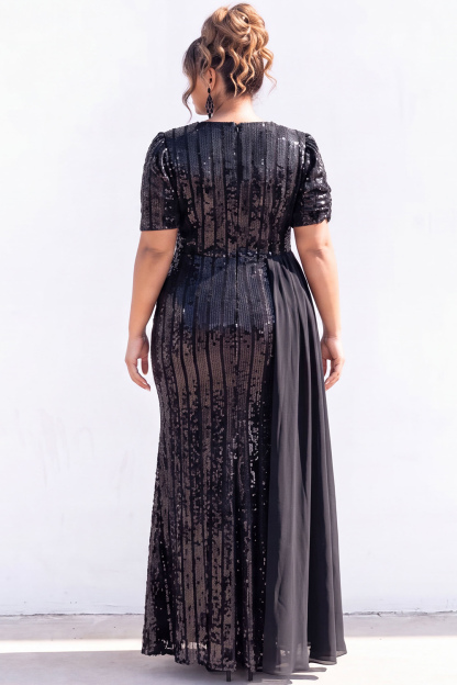 Black Sequin Mermaid Plus Size Maxi Dress with Short Sleeves