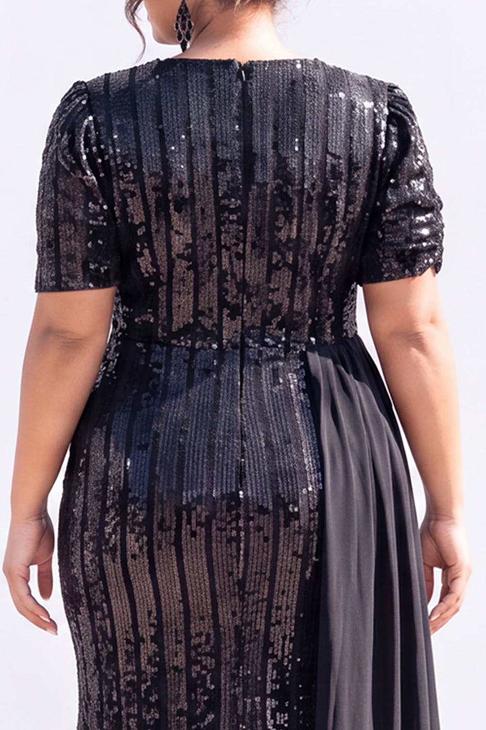 Black Sequin Mermaid Plus Size Maxi Dress with Short Sleeves