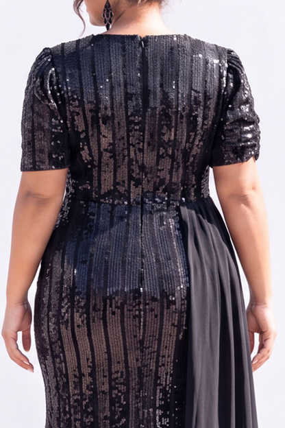 Black Sequin Mermaid Plus Size Maxi Dress with Short Sleeves