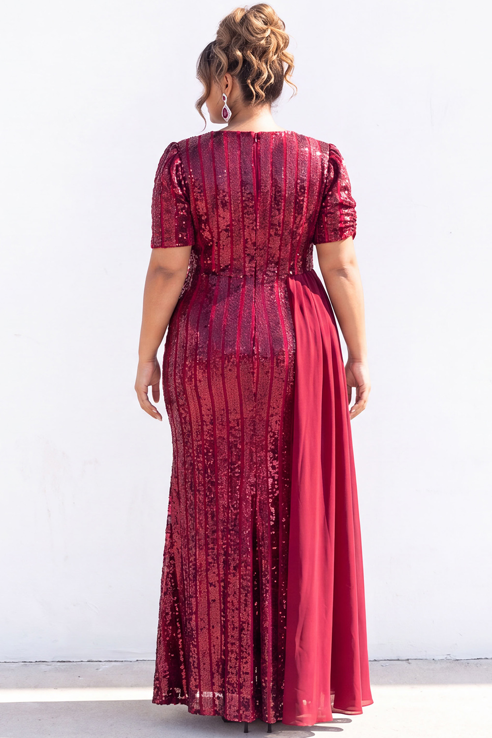 Black Sequin Mermaid Plus Size Maxi Dress with Short Sleeves