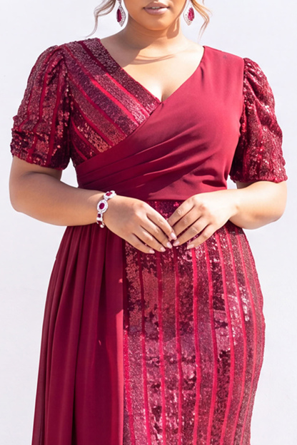 Black Sequin Mermaid Plus Size Maxi Dress with Short Sleeves
