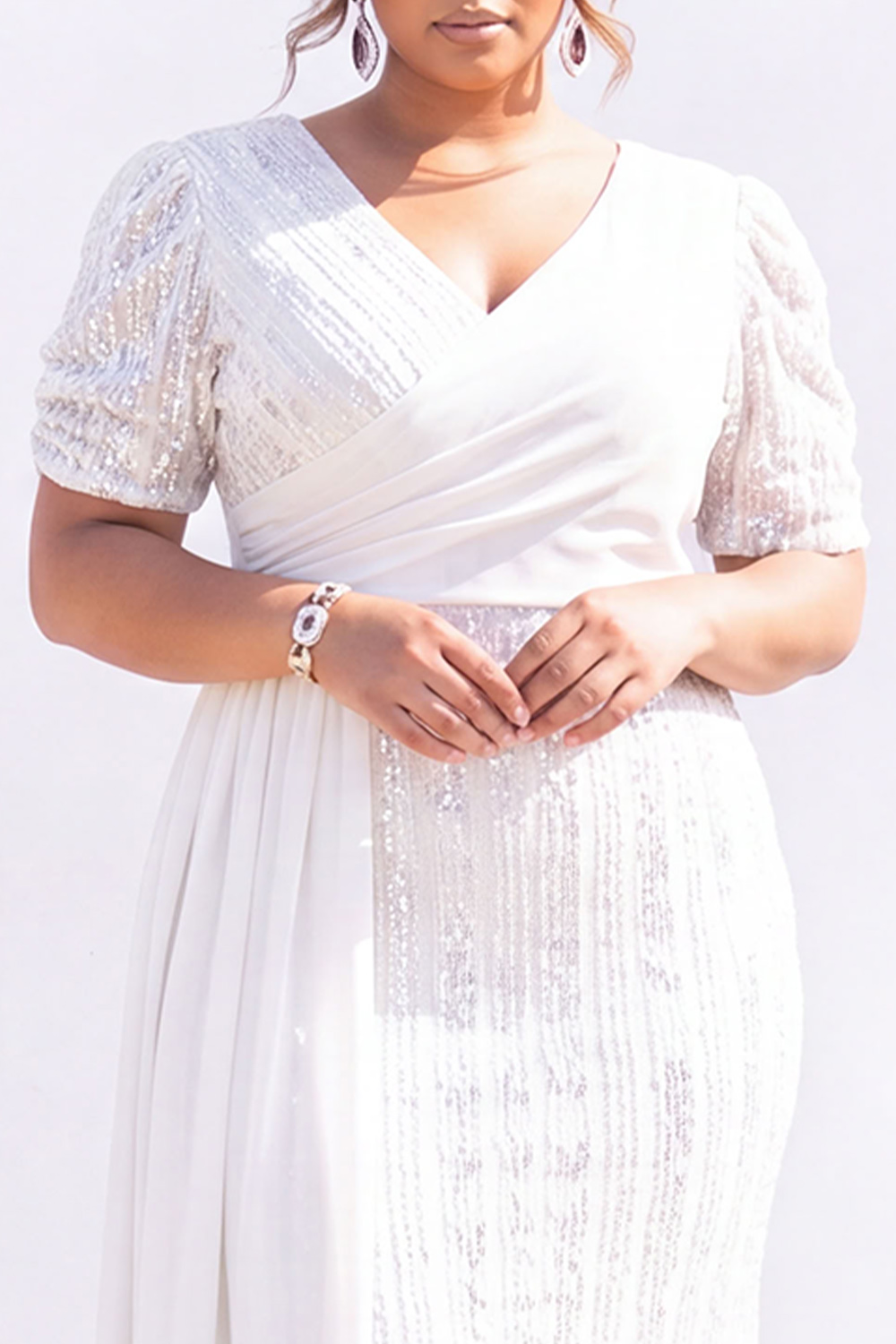 Black Sequin Mermaid Plus Size Maxi Dress with Short Sleeves