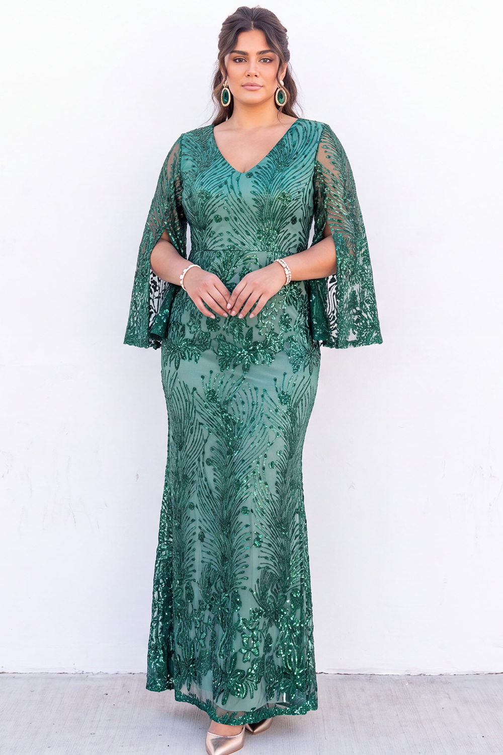 Plus Size Emerald Sequin Floral Formal Dress with Bell Sleeves