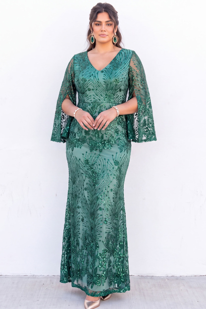 Plus Size Emerald Sequin Floral Formal Dress with Bell Sleeves