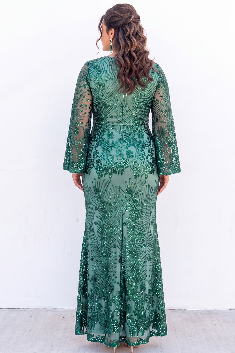 Plus Size Emerald Sequin Floral Formal Dress with Bell Sleeves