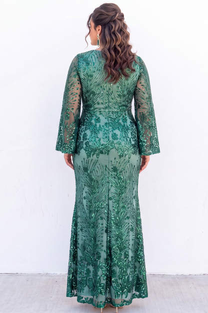 Plus Size Emerald Sequin Floral Formal Dress with Bell Sleeves