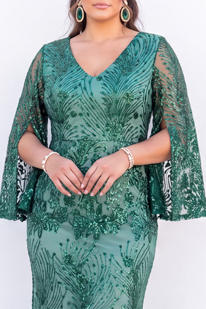 Plus Size Emerald Sequin Floral Formal Dress with Bell Sleeves