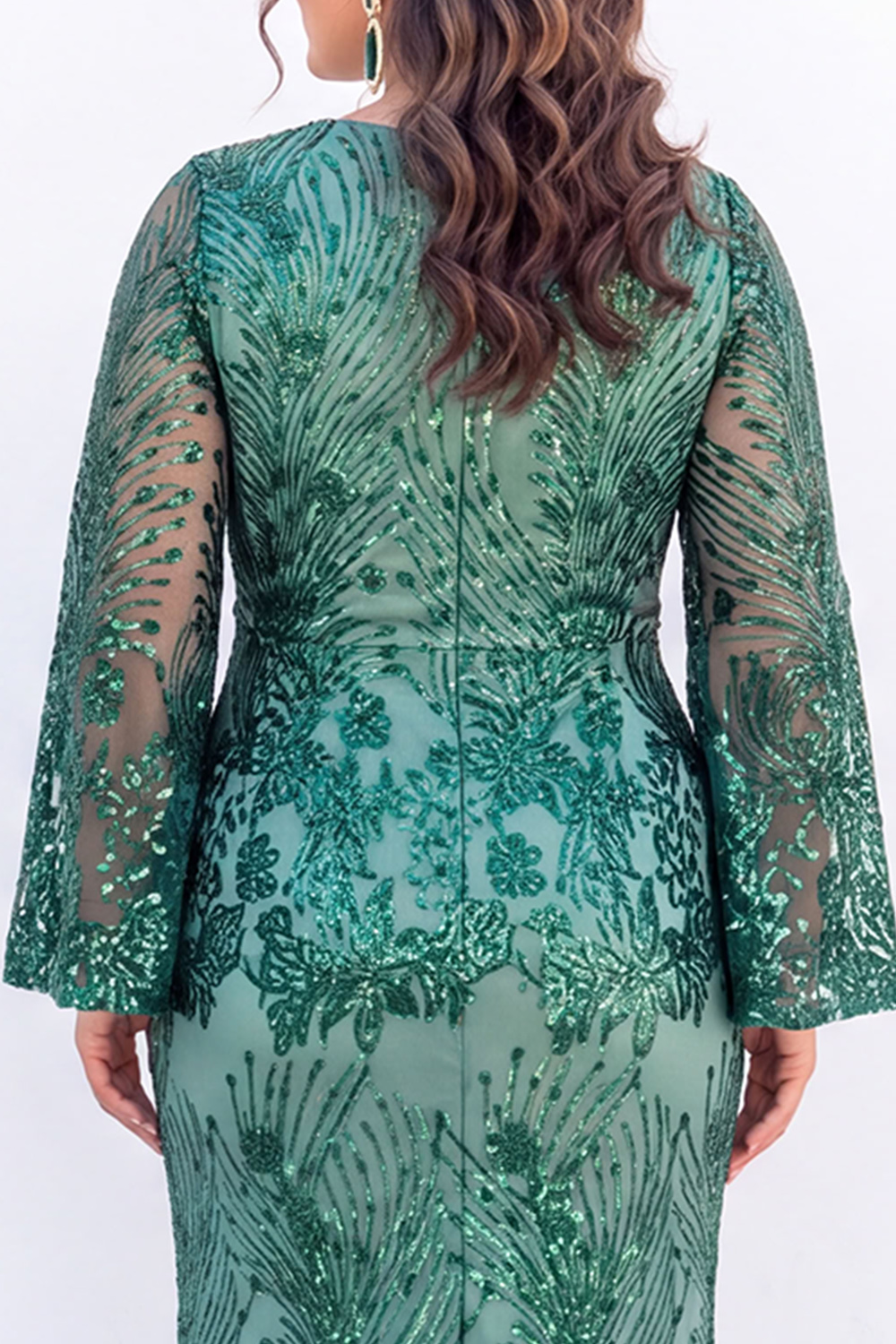 Plus Size Emerald Sequin Floral Formal Dress with Bell Sleeves