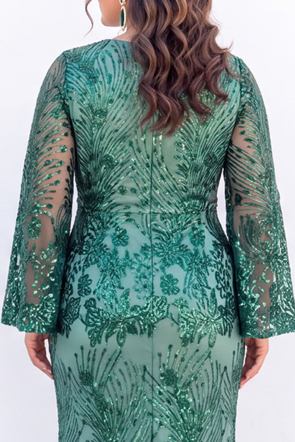 Plus Size Emerald Sequin Floral Formal Dress with Bell Sleeves