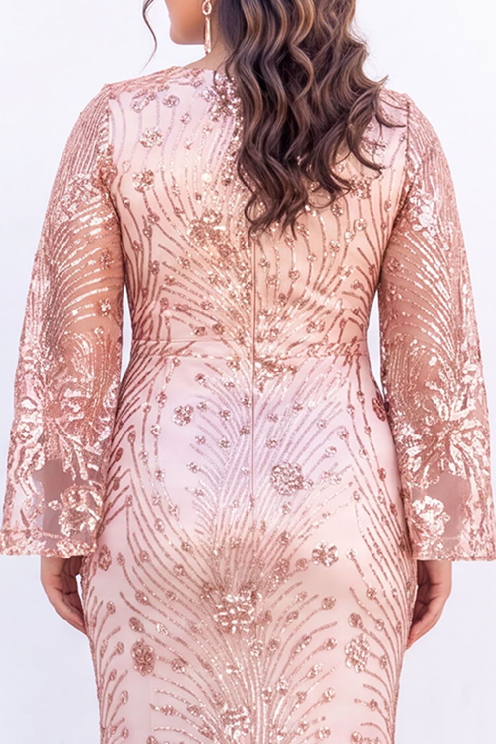 Plus Size Emerald Sequin Floral Formal Dress with Bell Sleeves