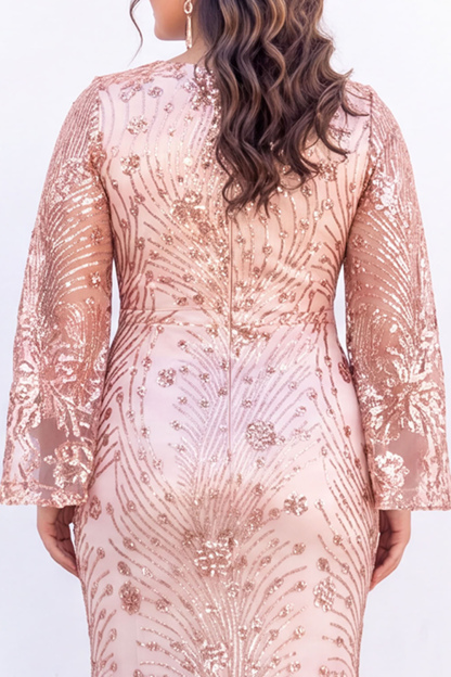 Plus Size Emerald Sequin Floral Formal Dress with Bell Sleeves
