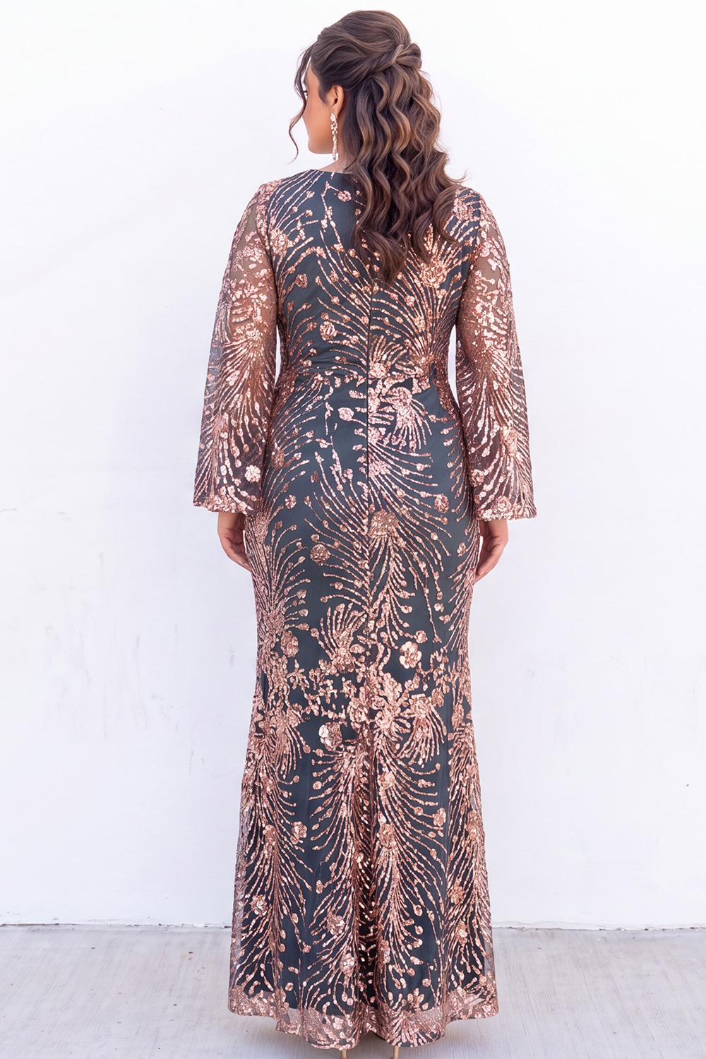 Plus Size Emerald Sequin Floral Formal Dress with Bell Sleeves