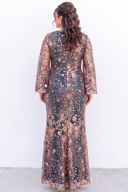 Plus Size Emerald Sequin Floral Formal Dress with Bell Sleeves