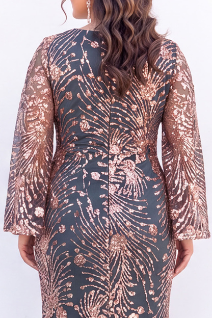 Plus Size Emerald Sequin Floral Formal Dress with Bell Sleeves