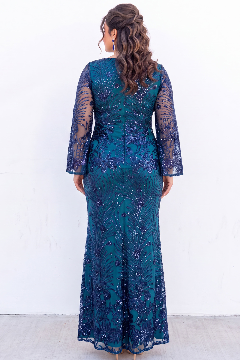 Plus Size Emerald Sequin Floral Formal Dress with Bell Sleeves