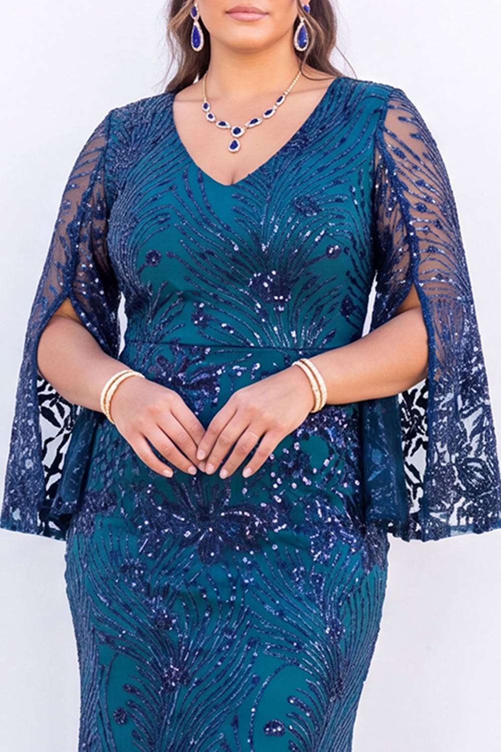 Plus Size Emerald Sequin Floral Formal Dress with Bell Sleeves