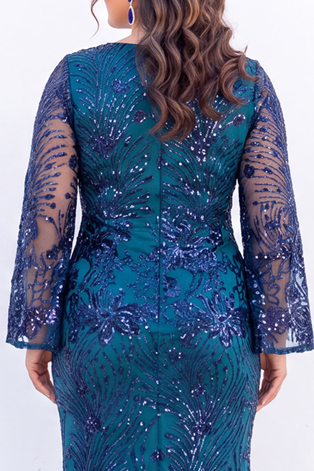 Plus Size Emerald Sequin Floral Formal Dress with Bell Sleeves
