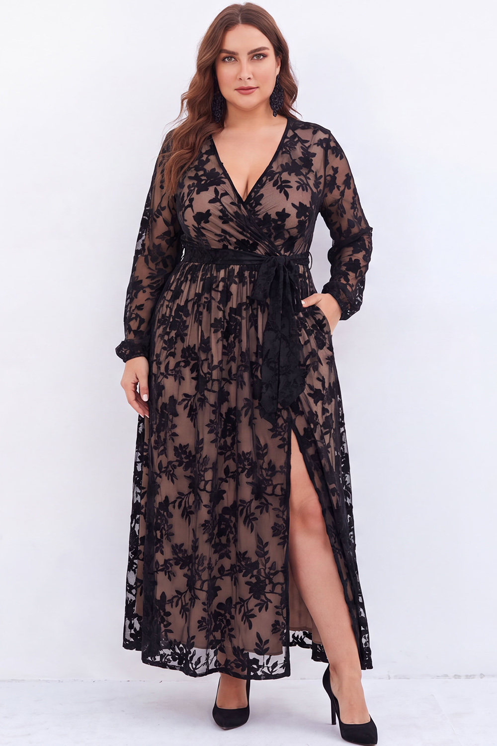 Black Floral A Line Long Sleeve Plus Size Maxi Dress with Slit