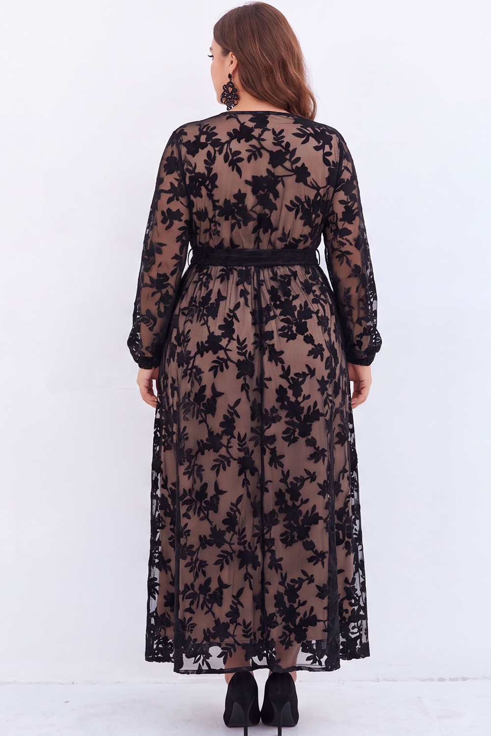 Black Floral A Line Long Sleeve Plus Size Maxi Dress with Slit