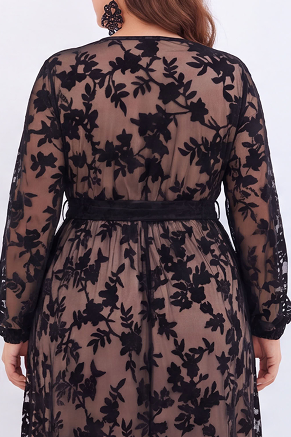 Black Floral A Line Long Sleeve Plus Size Maxi Dress with Slit