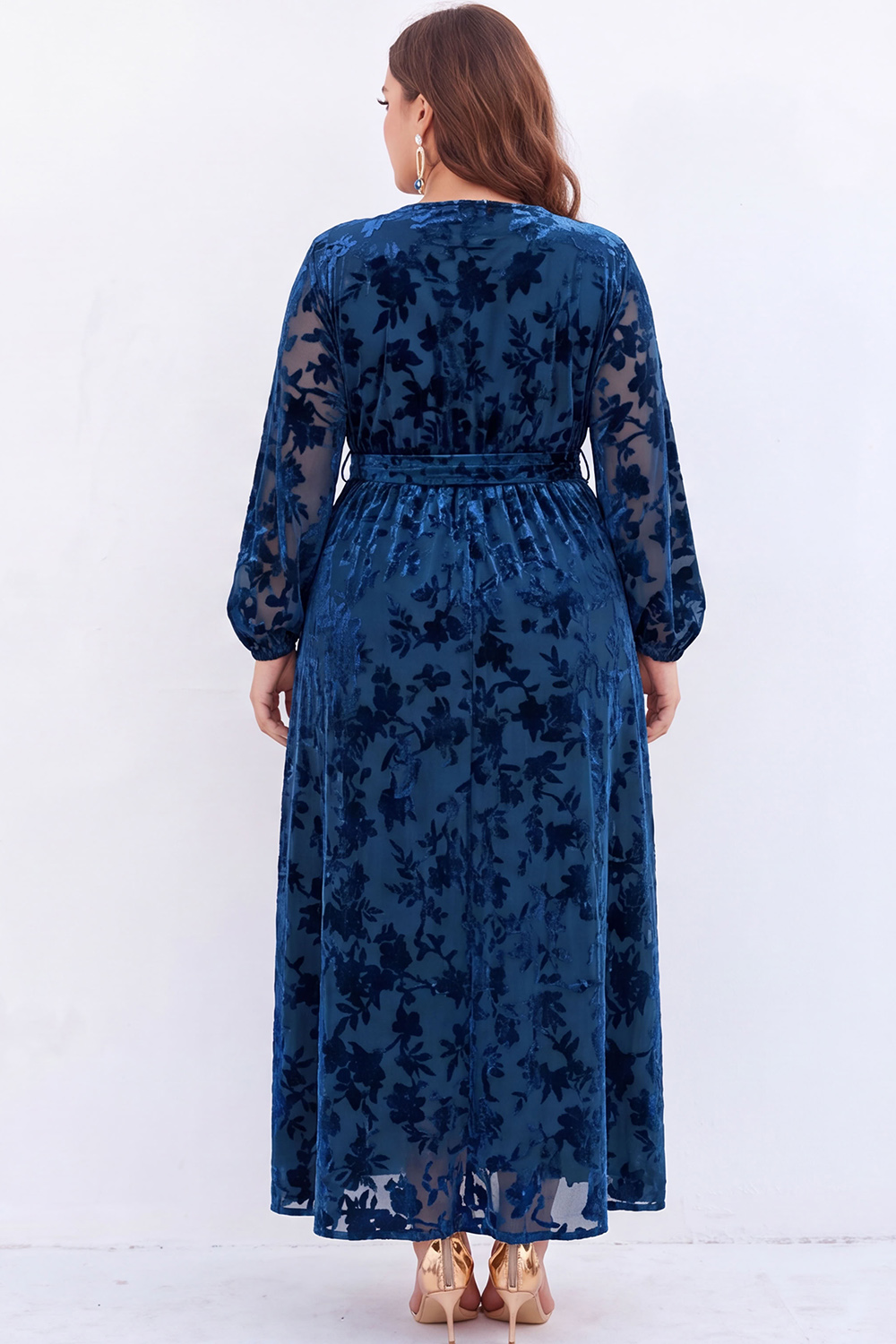 Black Floral A Line Long Sleeve Plus Size Maxi Dress with Slit