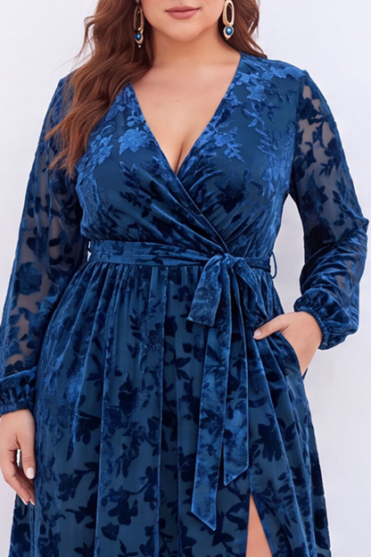 Black Floral A Line Long Sleeve Plus Size Maxi Dress with Slit