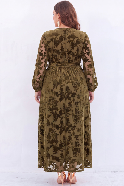 Black Floral A Line Long Sleeve Plus Size Maxi Dress with Slit
