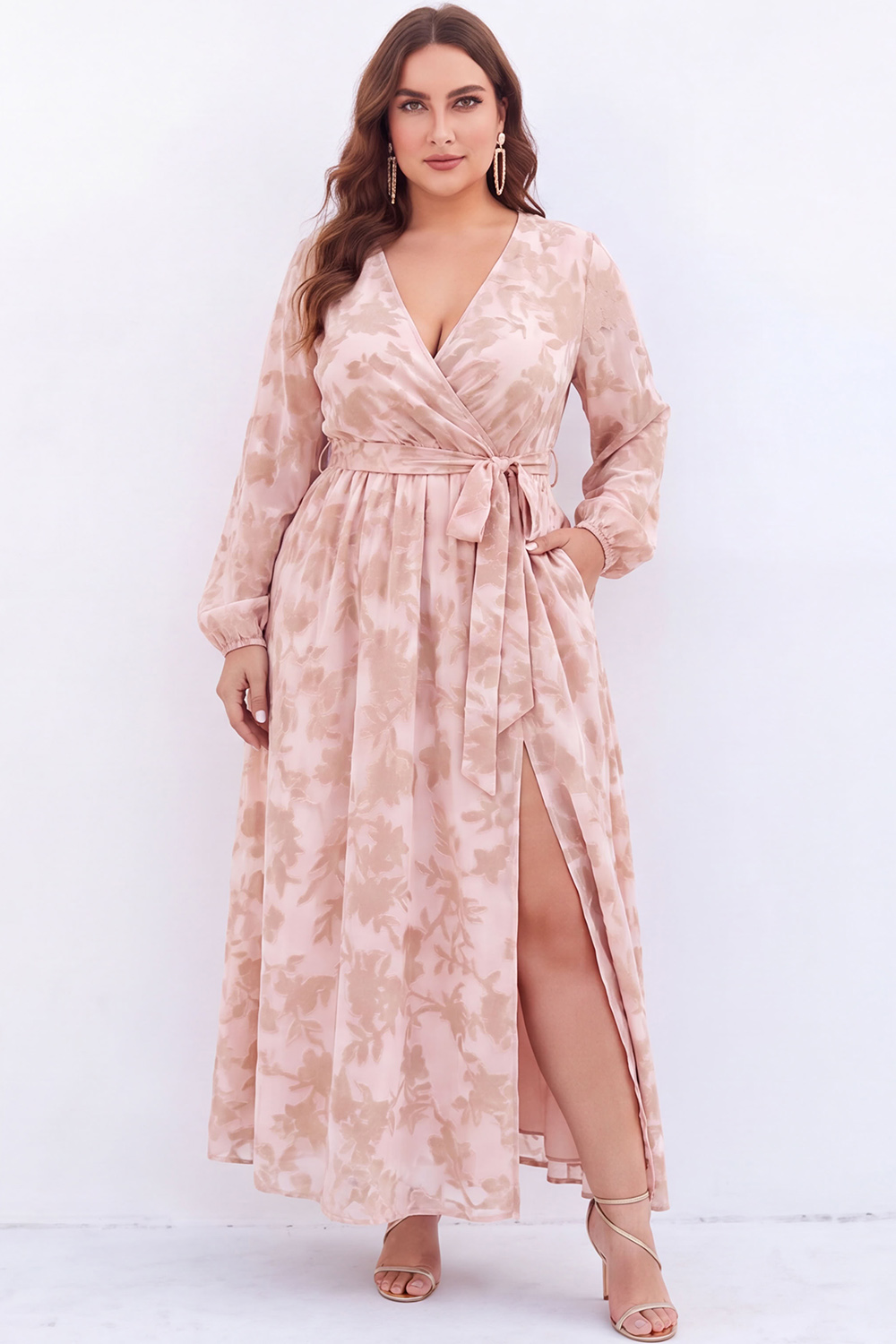 Black Floral A Line Long Sleeve Plus Size Maxi Dress with Slit