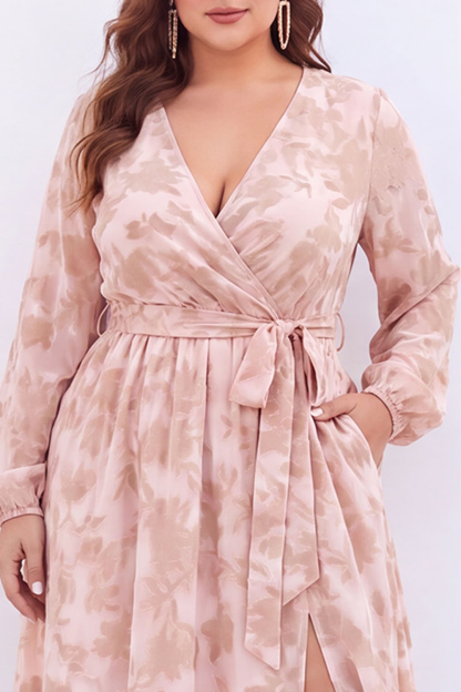 Black Floral A Line Long Sleeve Plus Size Maxi Dress with Slit