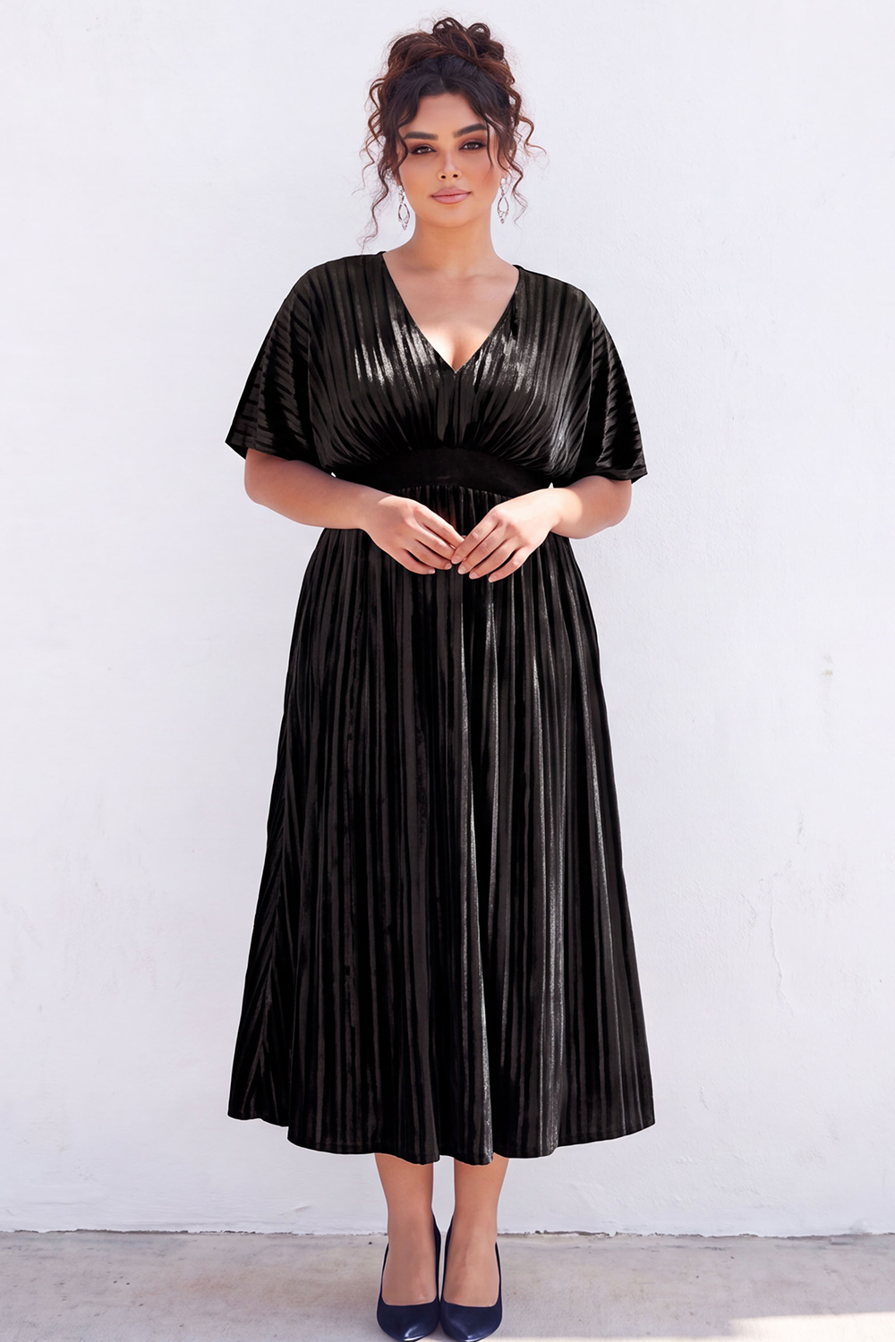 Plus Size Black Pleated A Line Maxi Dress