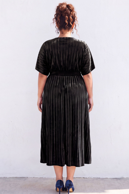 Plus Size Black Pleated A Line Maxi Dress
