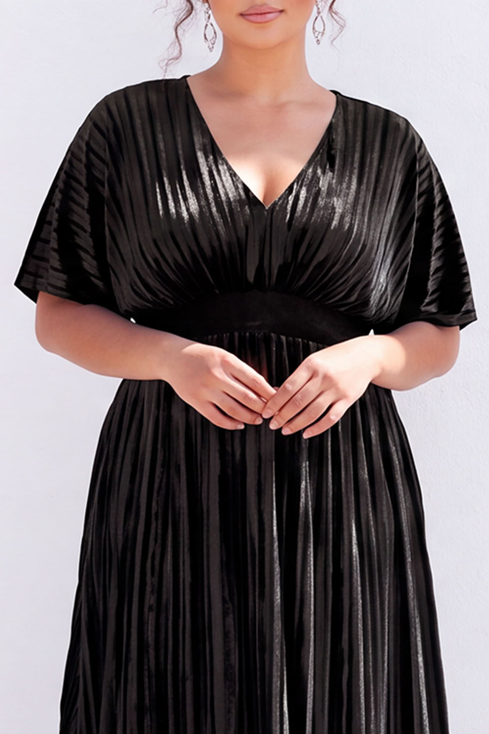 Plus Size Black Pleated A Line Maxi Dress