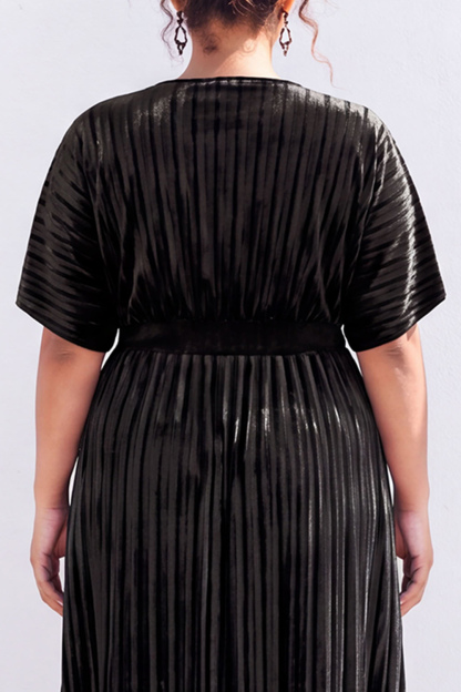 Plus Size Black Pleated A Line Maxi Dress