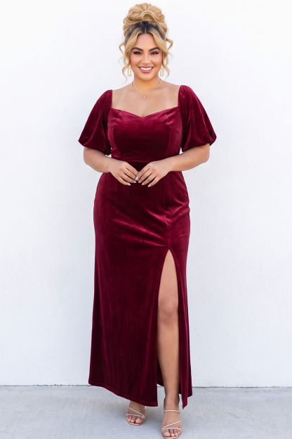 Dressself Women Plus Size Burgundy Maxi Dress with Slit Mermaid Velvet Evening Dress with Short Sleeves