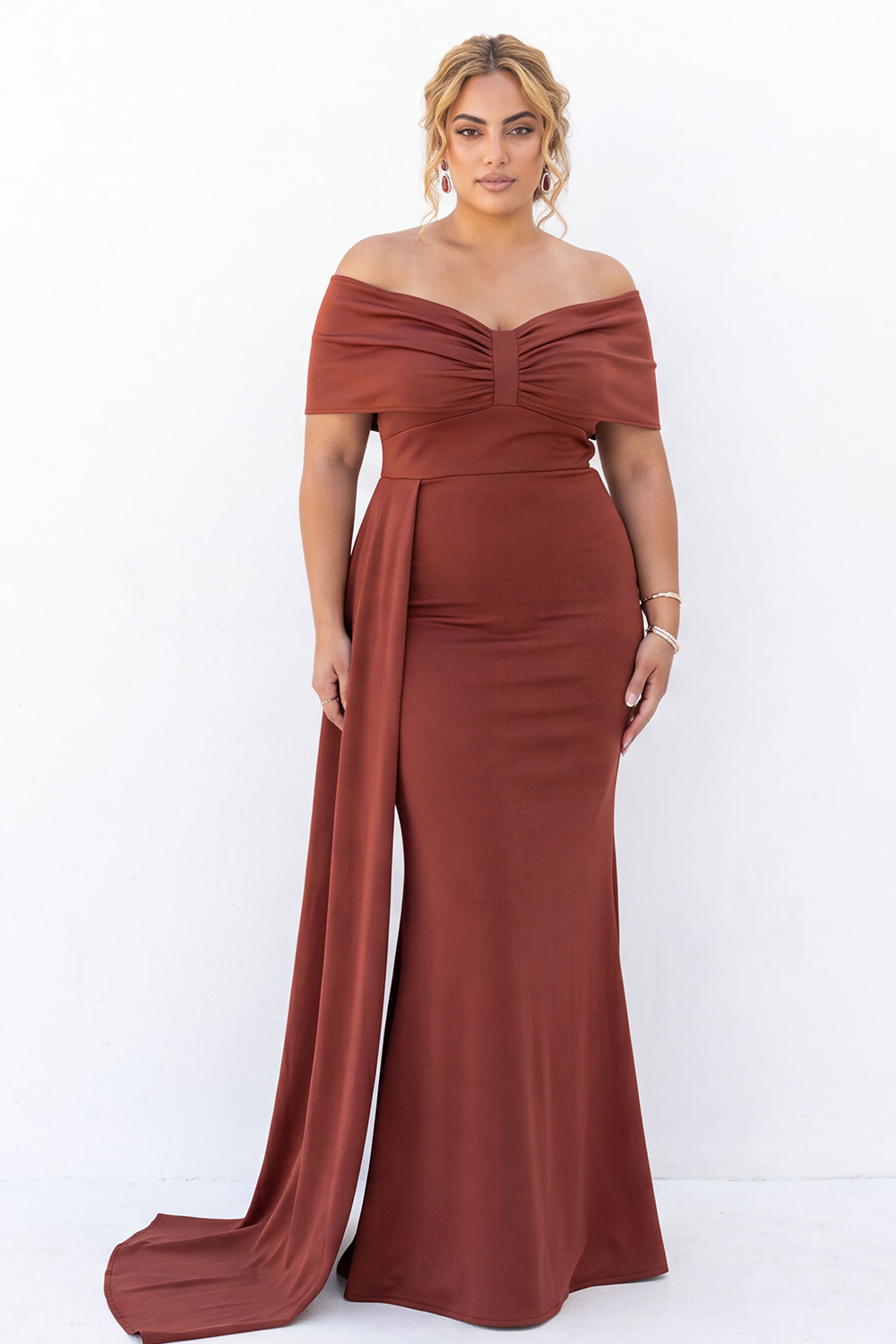 Off the Shoulder Red Mermaid Maxi Plus Size Dress with Sash