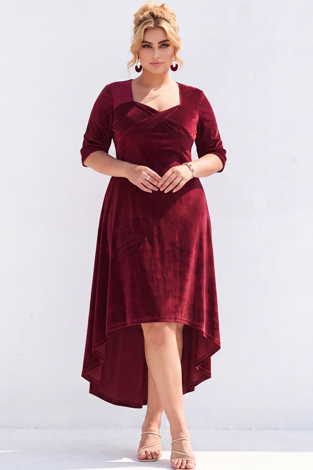 Dressself Women Burgundy Velvet Plus Size Formal Dress A Line Square Neck High Low Evening Dress with Half Sleeves
