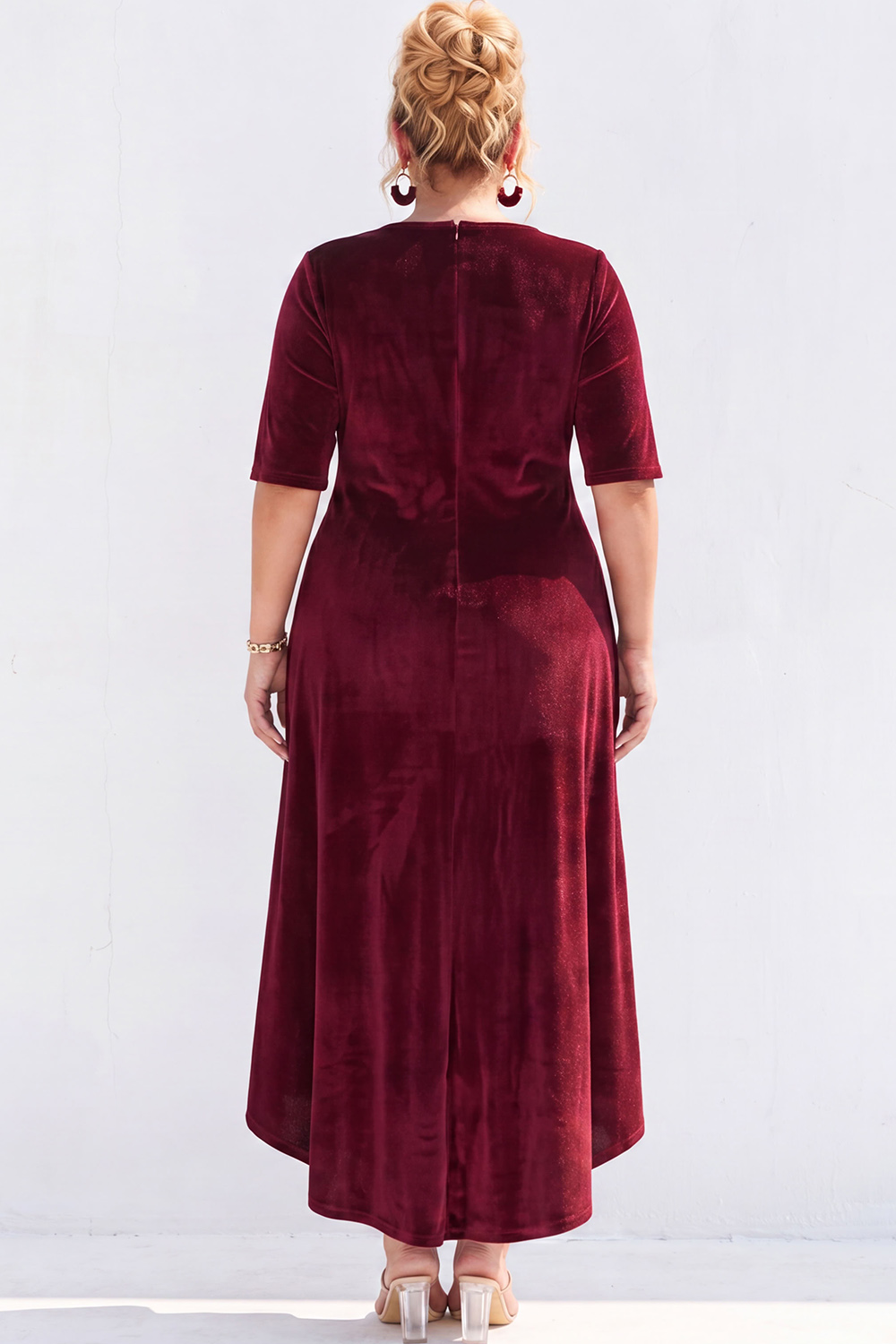 Burgundy Velvet A Line Plus Size High Low Formal Dress