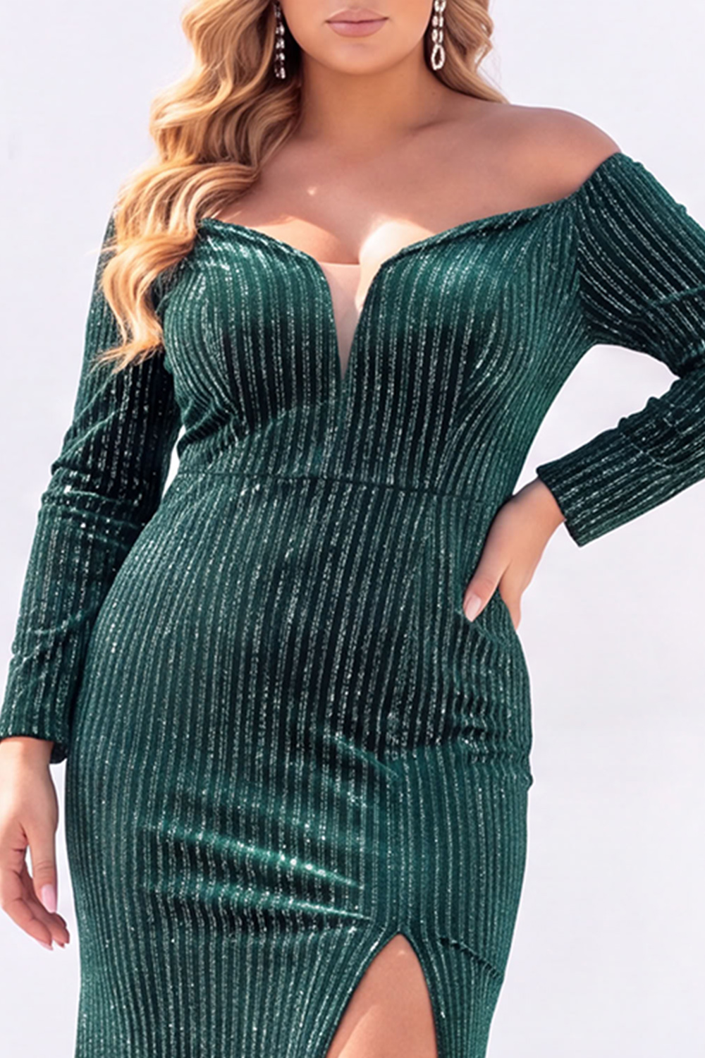 Sparkly Off the Shoulder Emerald Plus Size Prom Dress with Slit