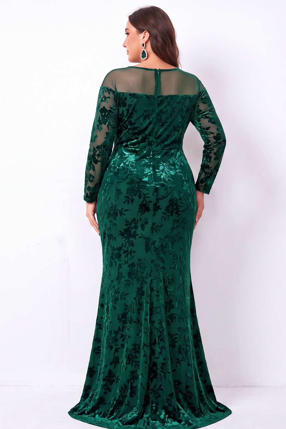 Emerald Mermaid Burnout Velvet Long Sleeve Maxi Plus Size Dress