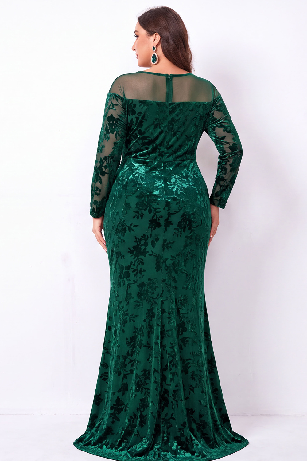 Emerald Mermaid Burnout Velvet Long Sleeve Maxi Plus Size Dress