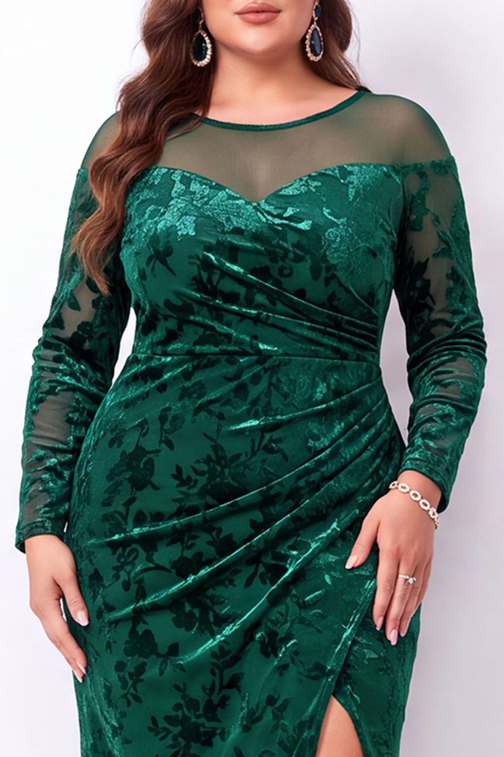Emerald Mermaid Burnout Velvet Long Sleeve Maxi Plus Size Dress