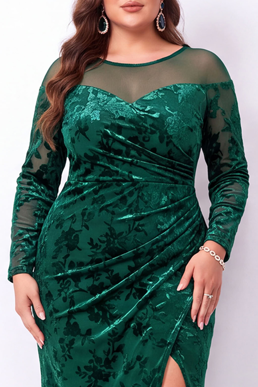 Emerald Mermaid Burnout Velvet Long Sleeve Maxi Plus Size Dress