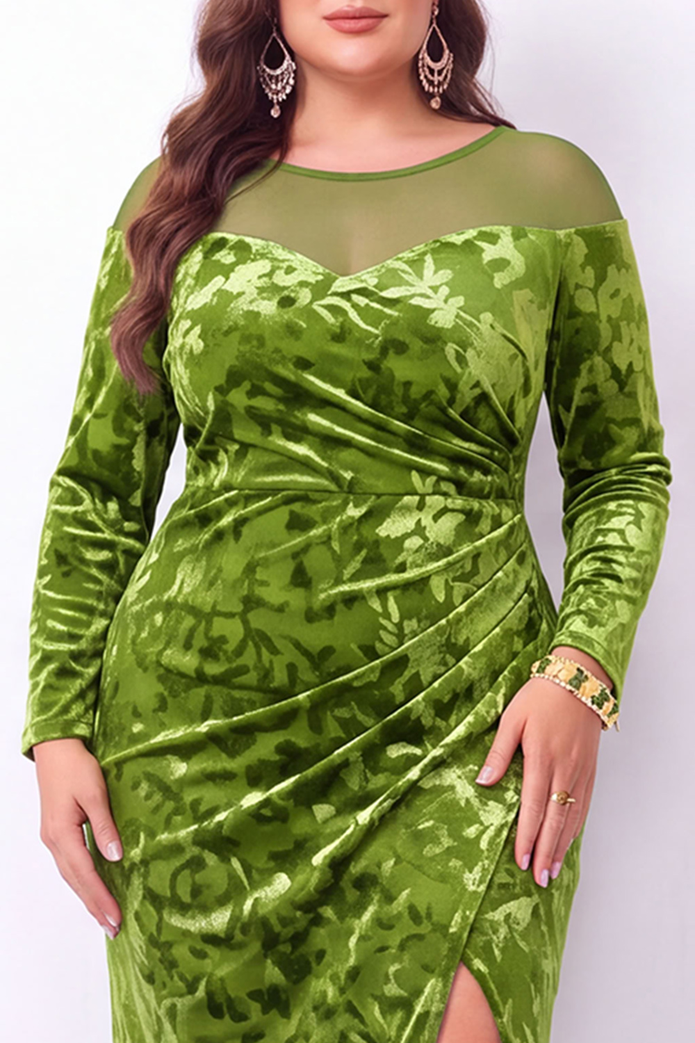 Emerald Mermaid Burnout Velvet Long Sleeve Maxi Plus Size Dress