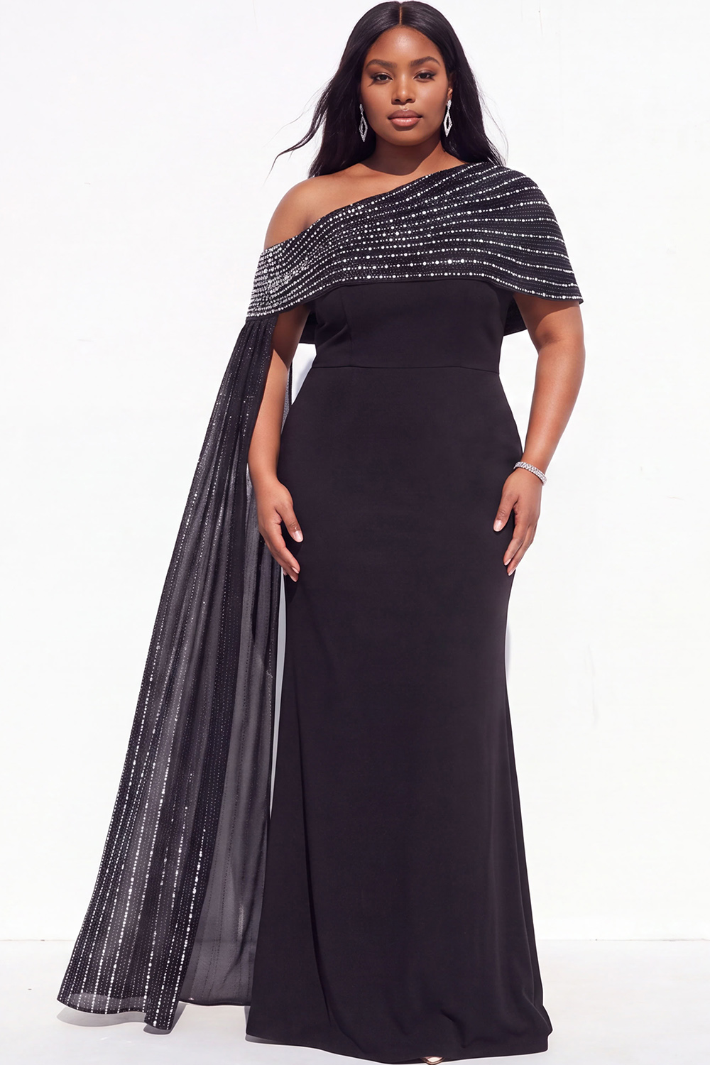 Plus Size One Shoulder Rhinestone Maxi Dress with Cape Sleeves